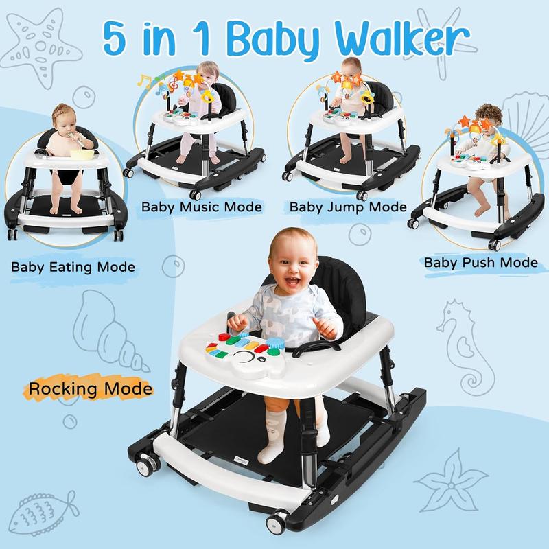 5-in-1 Baby Walker, Foldable Infant Activity Center with Music Toy